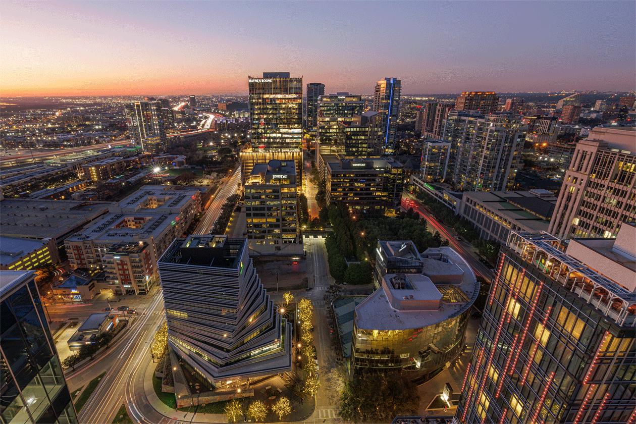 The Harwood District comprises 19 city blocks between Uptown and Victory Park and has grown to more than 3 million square feet of upscale office, residential and retail space in a park-like campus with art-filled lobbies. (Harwood International)